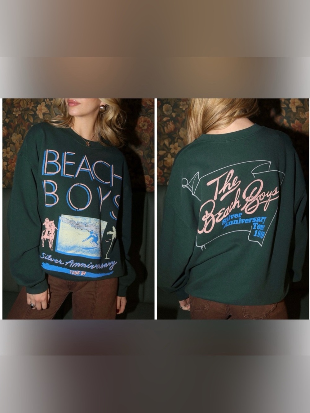 NWOT Daydreamer The Beach Boys Silver Anniversary Boyfriend Crew - Pine - Small